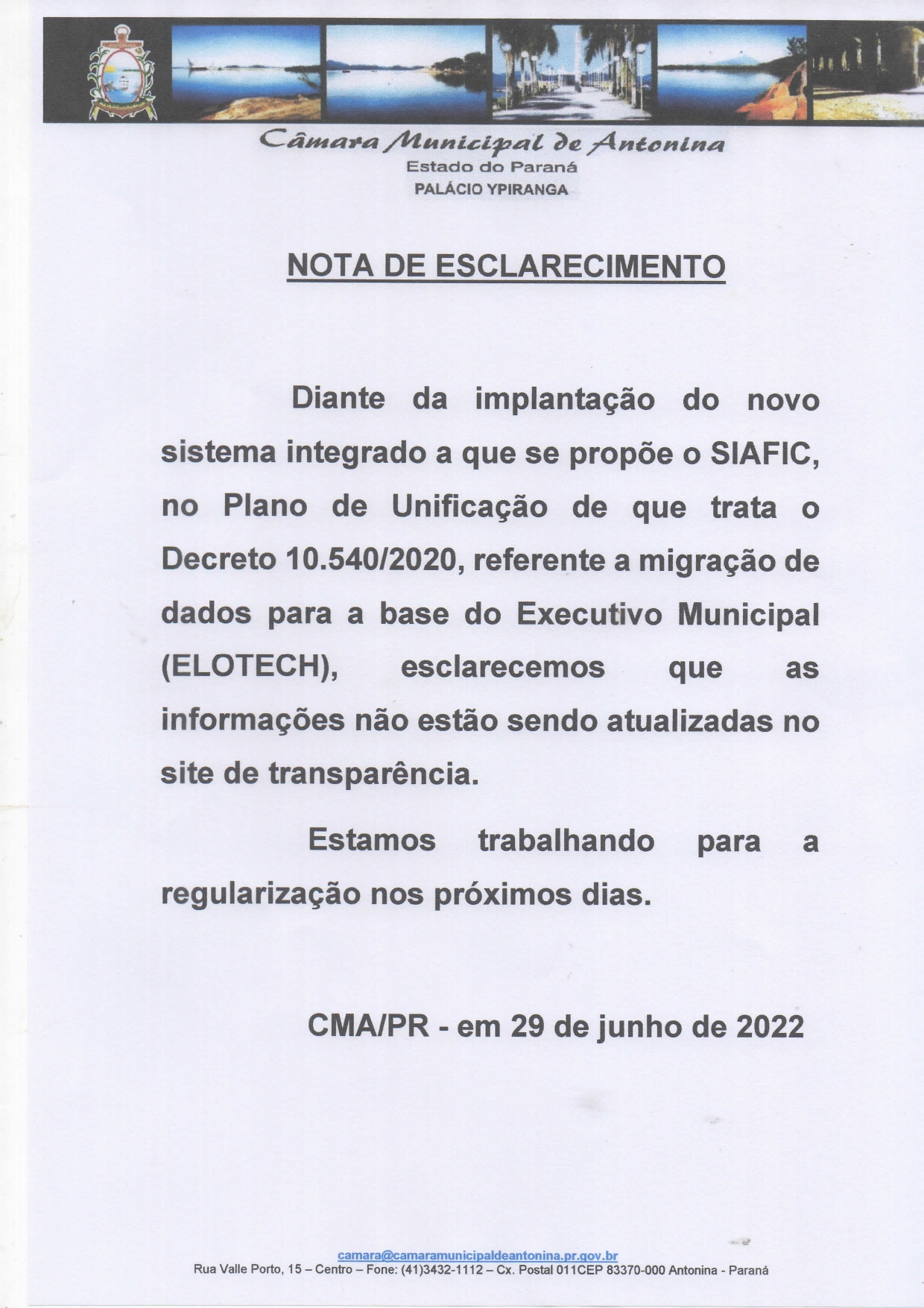 NOTA DE ESCLARECIMENTO  SISTEMA INTEGRADO EM MIGRAÇÃO DE DADOS